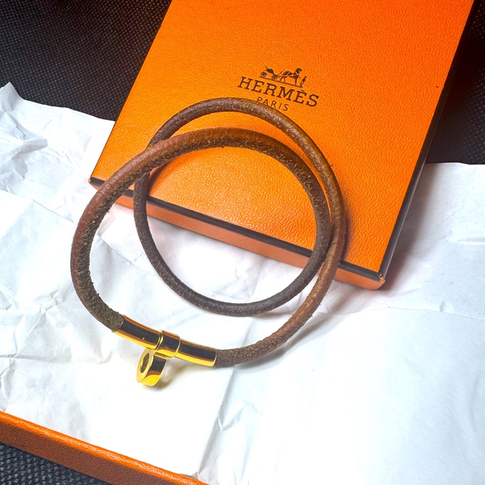 Hermès Kelly Lock Necklace Wrap Bracelet 1980 Vintage Hunter Leather Gold Plated - Picture 3 of 16